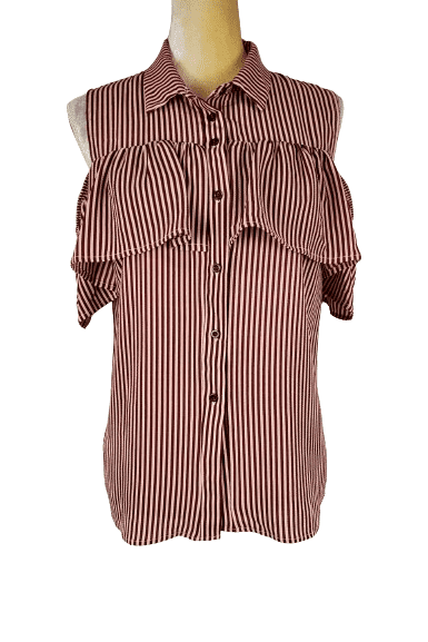 Cleo women's wine cold shoulder stripe blouse size M - Solé Resale Boutique thrift