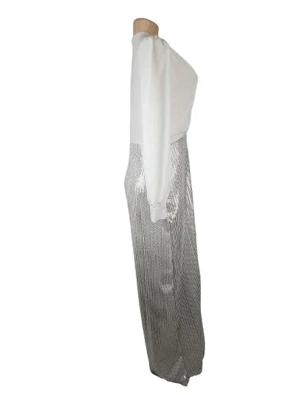Fashionable women's white and silver sequin jumpsuit size 2XL - Solé Resale Boutique thrift