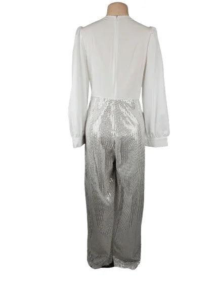 Fashionable women's white and silver sequin jumpsuit size 2XL - Solé Resale Boutique thrift
