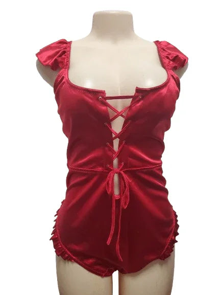 Red satin babydoll on a mannequin against a white background