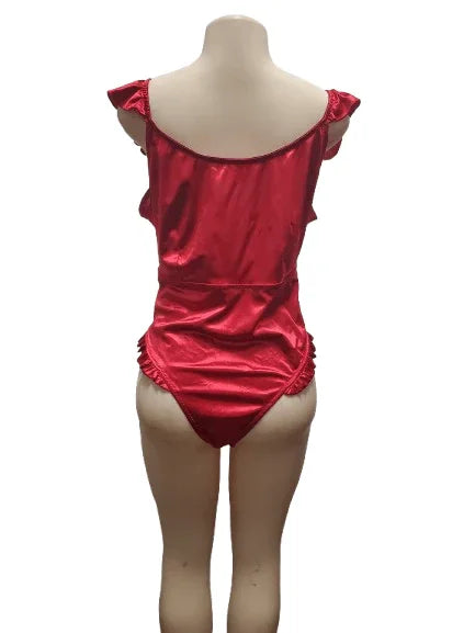Red satin swimsuit on a mannequin against a white background