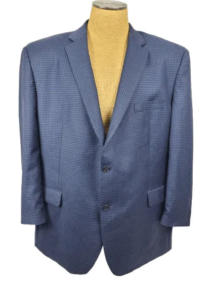 Blue checkered suit jacket on a mannequin with a white background