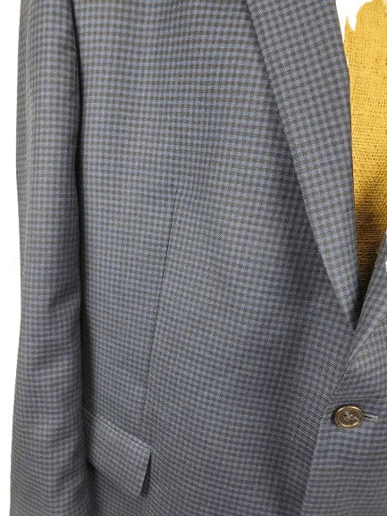 Gray checkered blazer with a button, close-up view