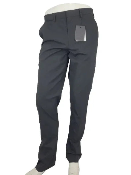 Dark gray pants with a tag on a white background