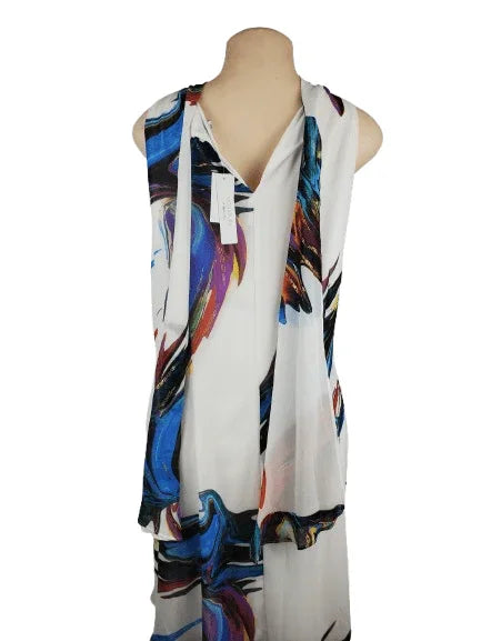 Colorful sleeveless top on a mannequin with a white background