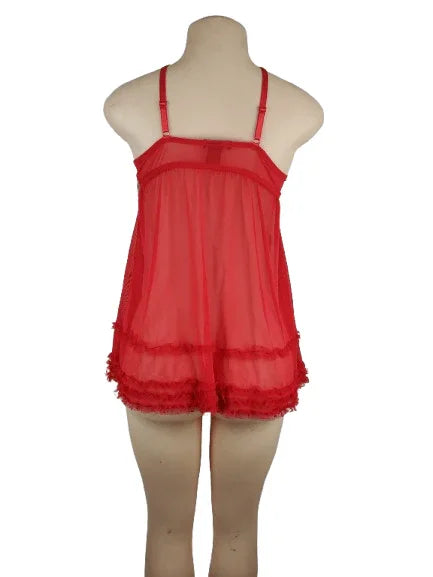 Red babydoll dress on a mannequin against a white background