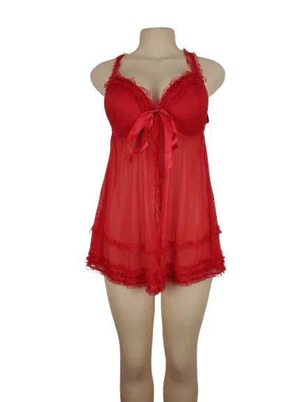 Red lace nightgown on a mannequin against a white background