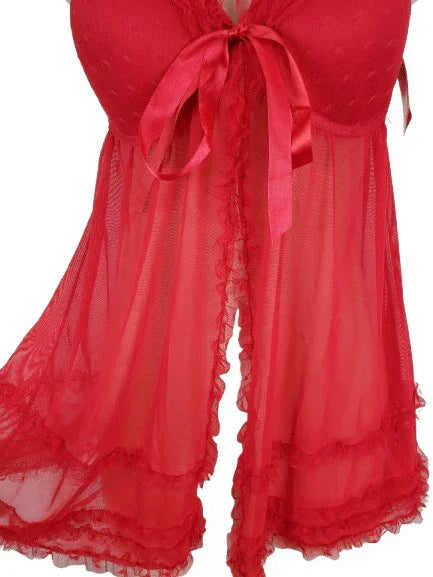 Red lace lingerie set with a bow on a white background