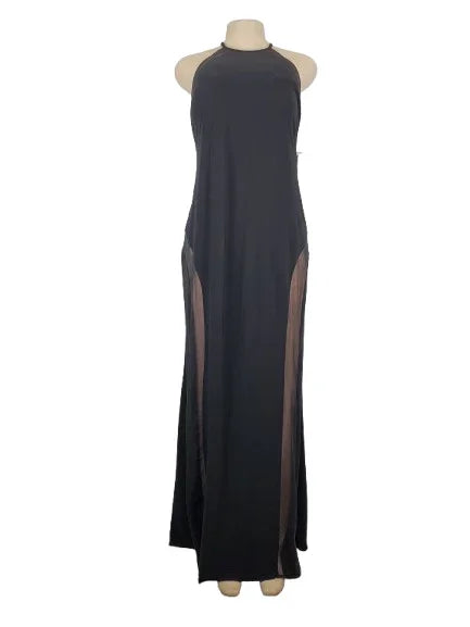 Black halter neck dress on a mannequin against a white background