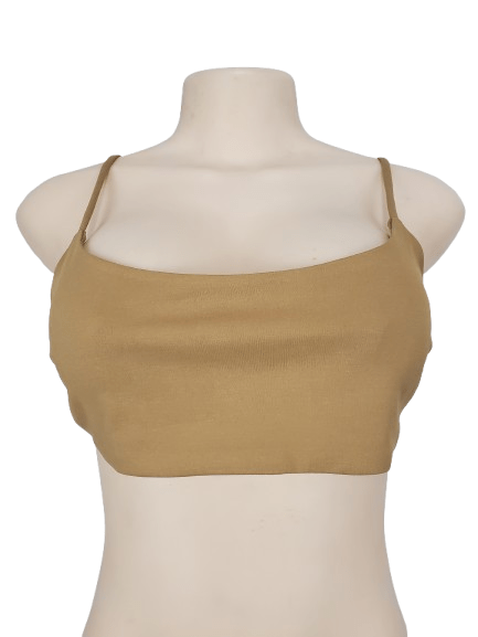 Beige crop top on a mannequin against a white background