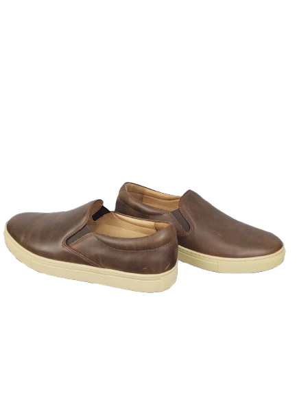 Pair of brown slip-on shoes on a white background
