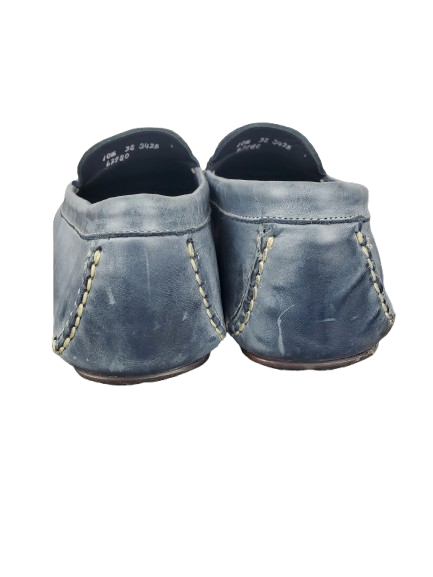 Pair of blue loafers on a white background
