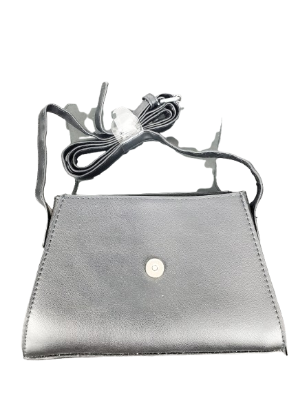 Silver handbag with a strap on a white background