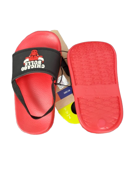 Red slide sandal with black strap featuring a logo on a white background