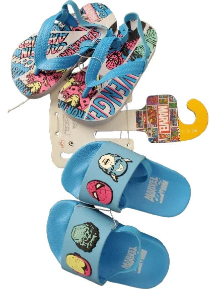 Colorful children's sandals with cartoon characters on a white background