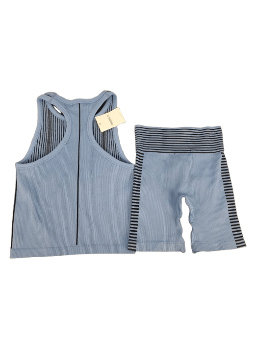 Blue athletic tank top and shorts set with striped design on a white background