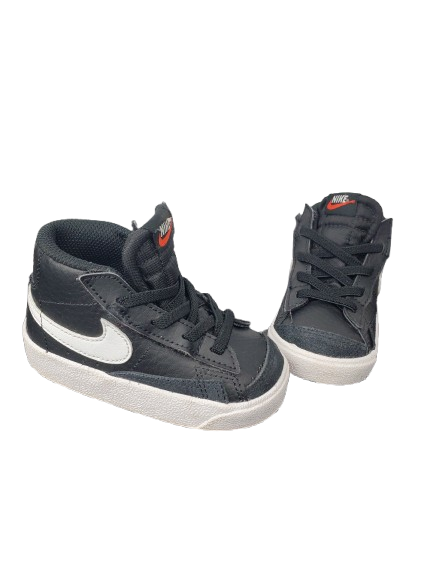 Pair of black high-top sneakers with a white logo on a white background