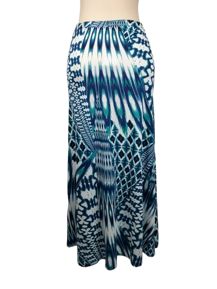 Blue and white patterned skirt on a mannequin against a white background