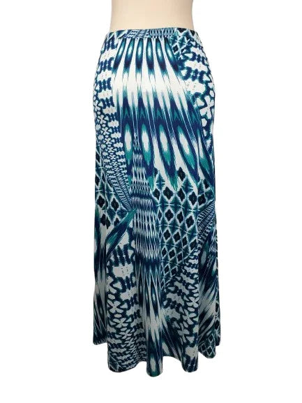 Blue and white patterned skirt on a mannequin against a white background