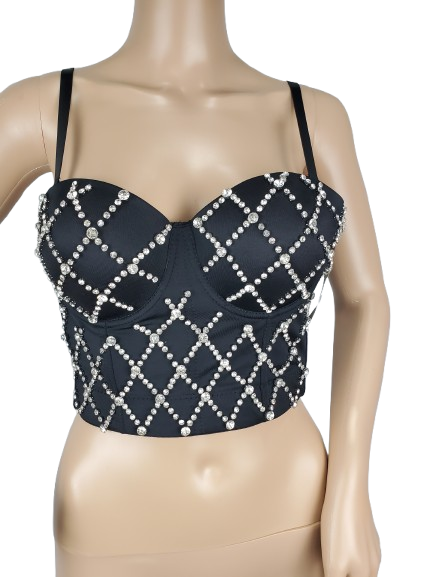 Selfish women's black rhinestone bra top size S