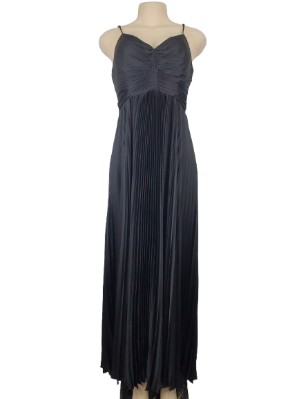 Black pleated women’s evening dress with spaghetti straps and elegant flowing design