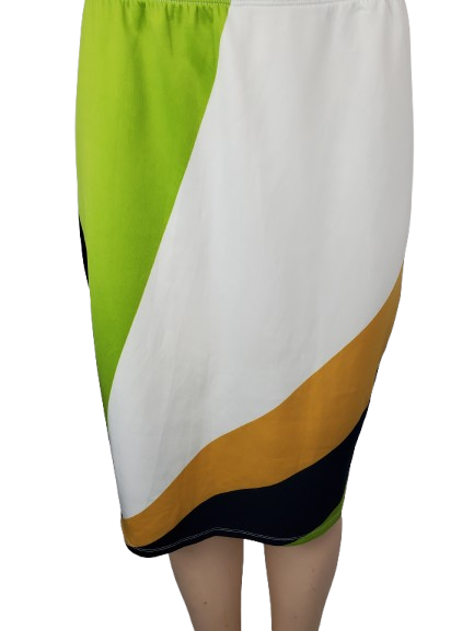 Color-blocked skirt with green, white, yellow, and black sections on a white background