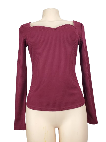 burgundy ribbed long-sleeve top on a mannequin against a white background