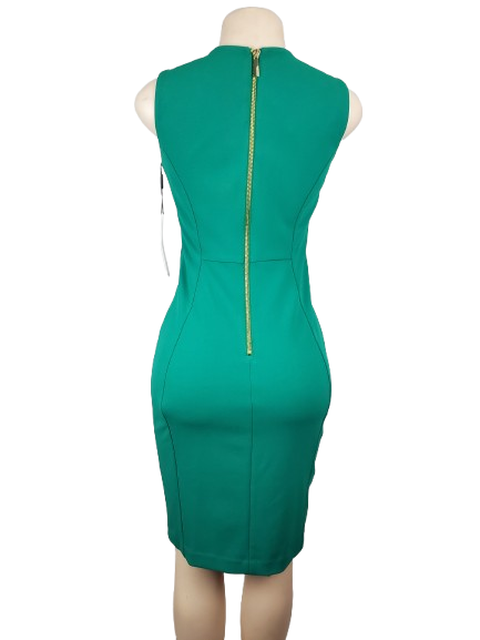 Green dress on a mannequin with a gold zipper back against a white background