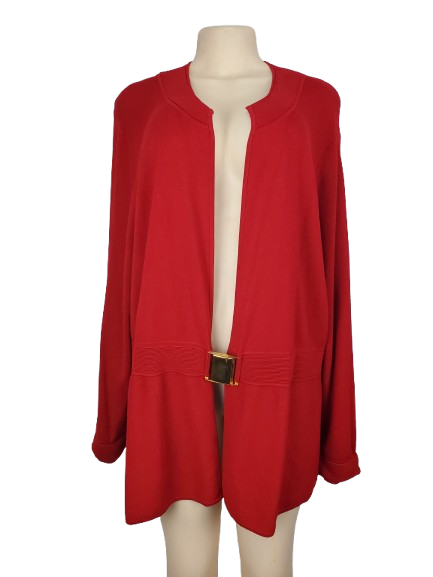 Red cardigan on a mannequin with a white background