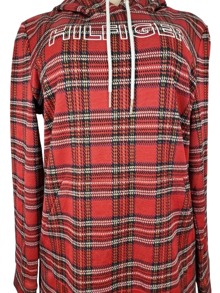 Red plaid hoodie dress with white drawstrings on a white background