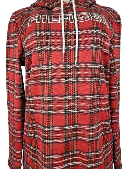 Red plaid hoodie dress with white drawstrings on a white background