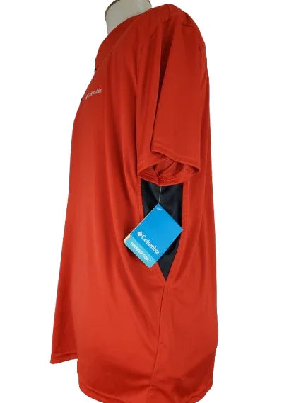 orange shirt on a mannequin with a Columbia tag against a white background