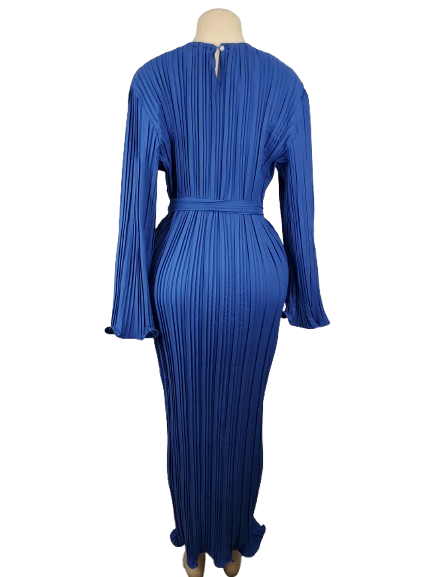 Blue pleated dress on a mannequin against a white background
