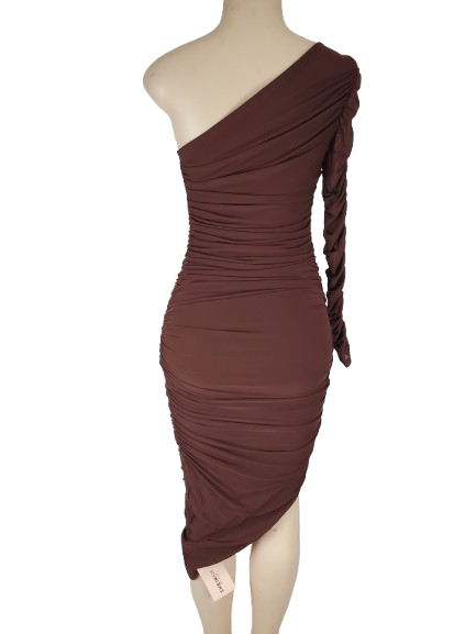 Brown one-shoulder dress on a mannequin against a white background