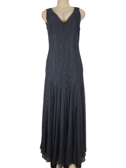 Black lace dress on a mannequin against a white background