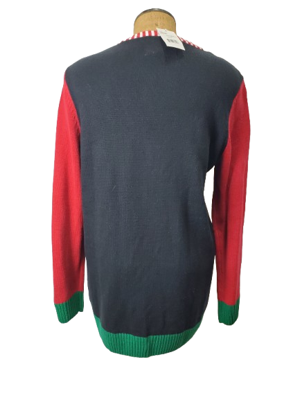 Sweater with red sleeves and green hem on a white background