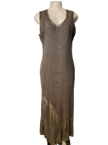 Brown patterned dress on a mannequin against a white background