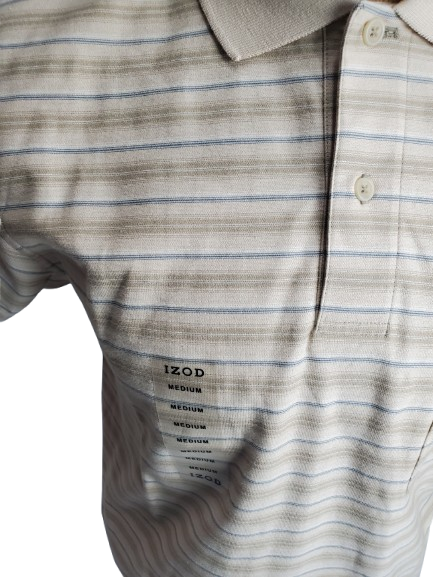 Close-up of a striped polo shirt with 'IZOD' branding on a white background