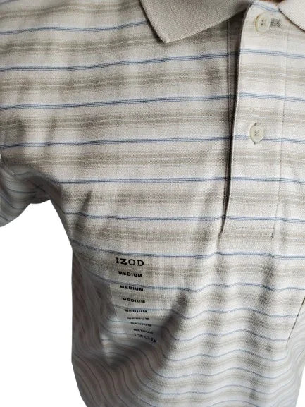 Close-up of a striped polo shirt with 'IZOD' branding on a white background