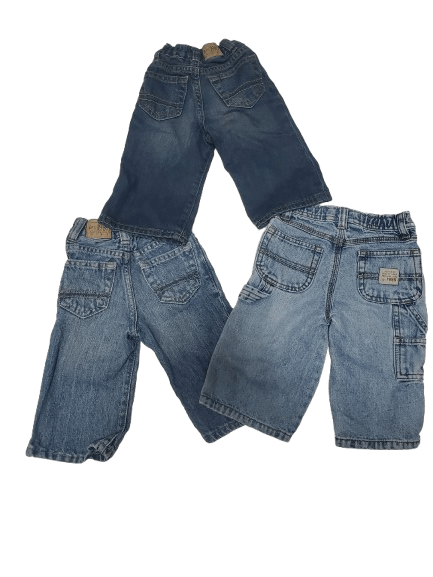 Three pairs of blue jeans on a white background