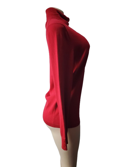 Red hooded sweatshirt on a mannequin against a white background