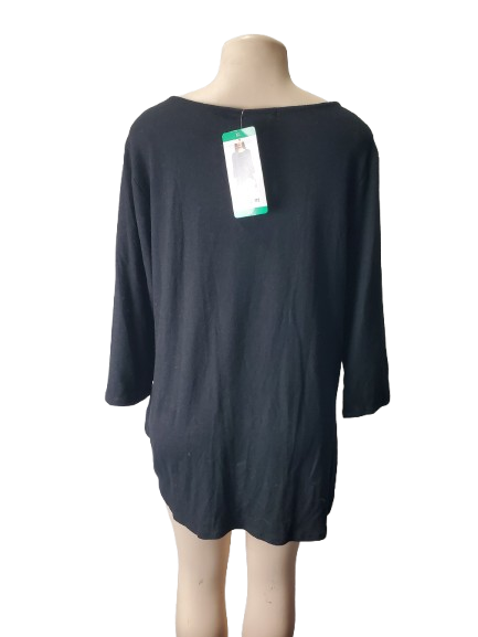 Black sweater on a mannequin with a visible tag against a white background