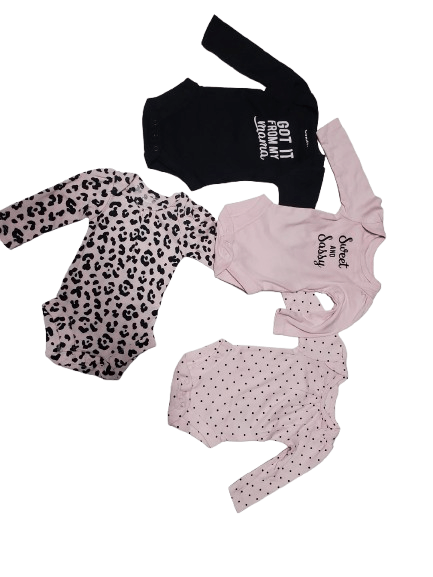 Four baby onesies with different designs and text on a white background