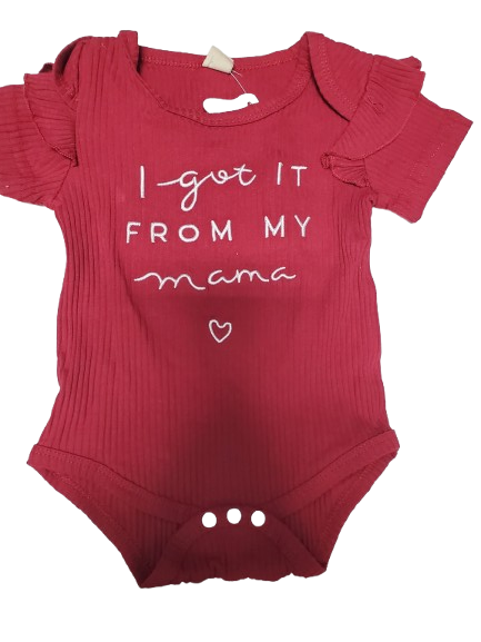 Red baby onesie with text on a white background
