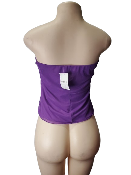 Purple strapless top on a mannequin with a white background