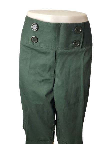 Green pants with button details on a white background