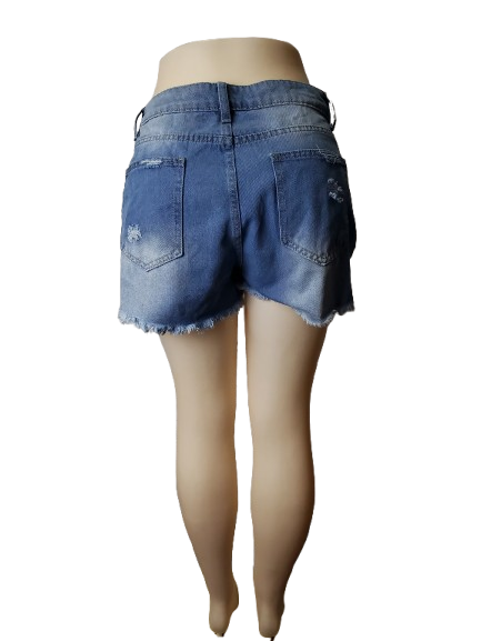 Blue denim shorts on a mannequin against a white background