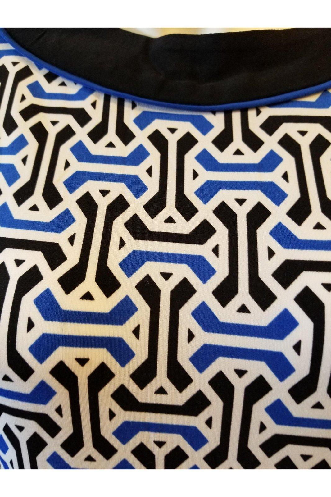 Black/blue/white, geometric, 3/4 sleeve dress