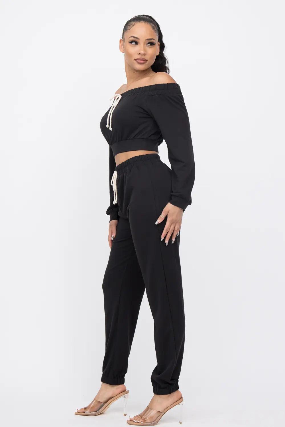 Elastic Band Tube Top Drawstring Jogger Pants Set- Black - Solé Resale Boutique thrift