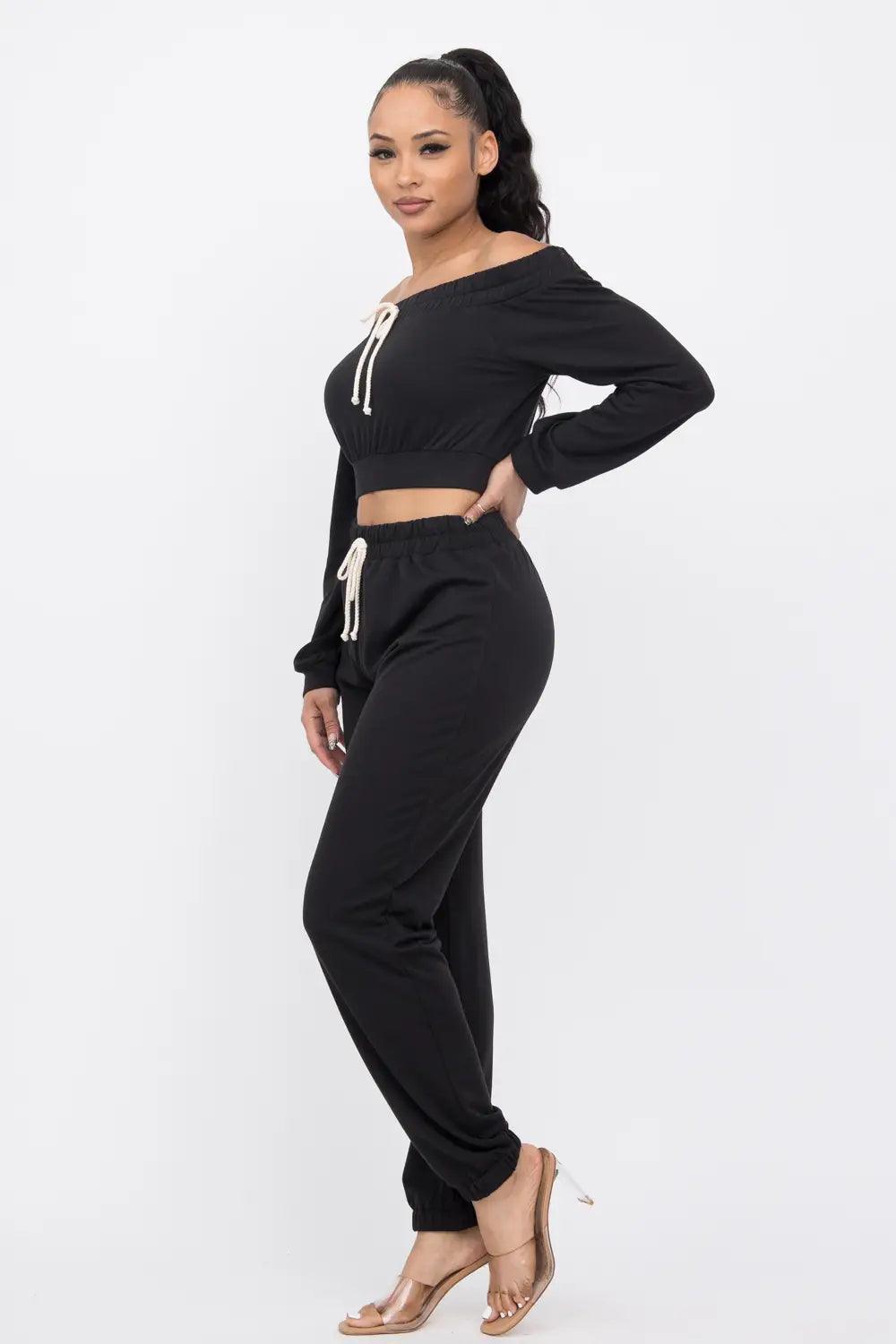 Elastic Band Tube Top Drawstring Jogger Pants Set- Black - Solé Resale Boutique thrift